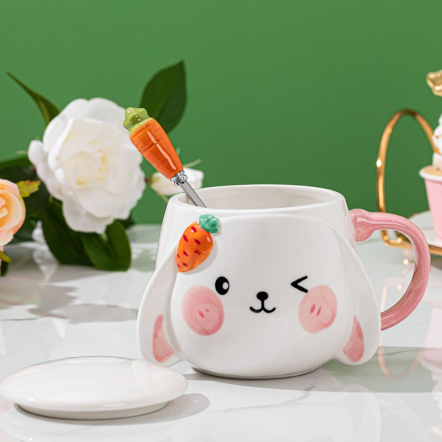 Kawaii Ceramic Bunny Mug With Lid & Carrot Spoon