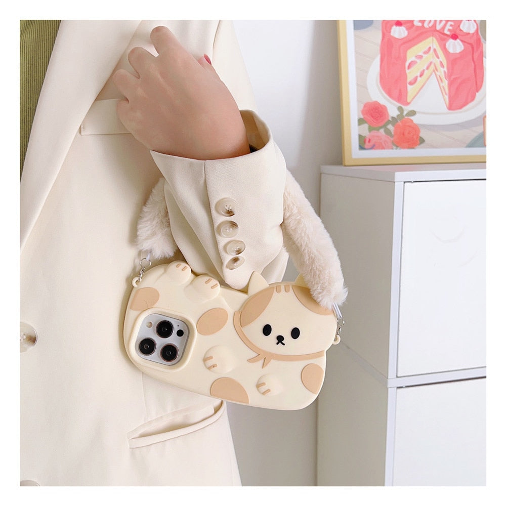 Model Wearing Kawaii Cat iPhone Case With Fluffy Strap
