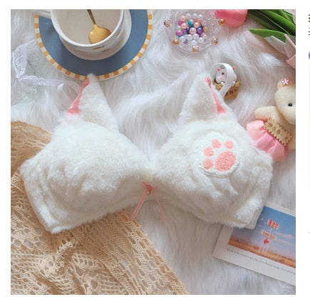 Kawaii White Cat Paw Plush Bra