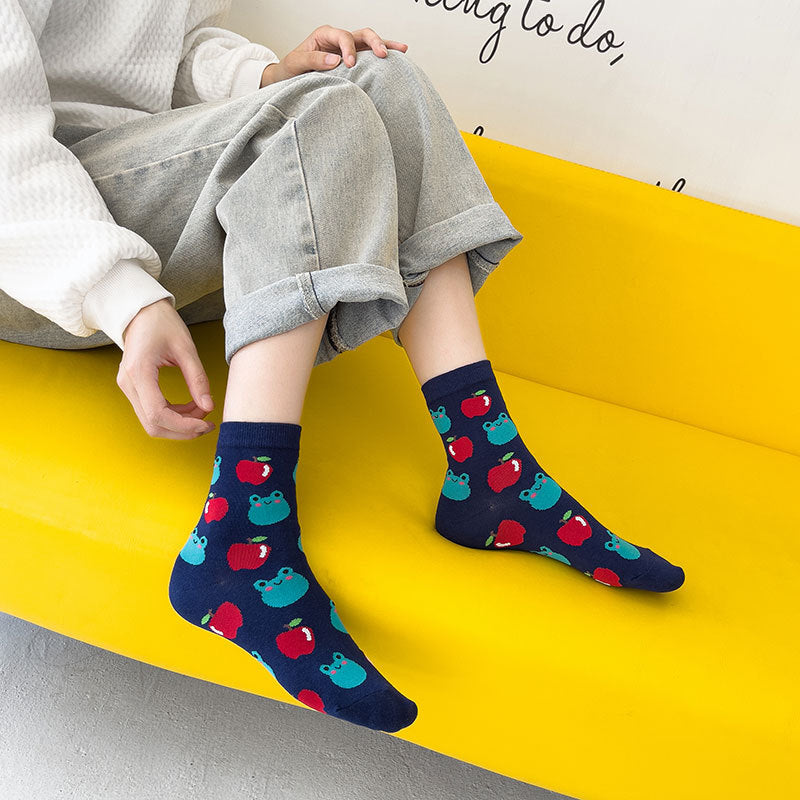 Model Wearing Kawaii Frogs and Apples Socks