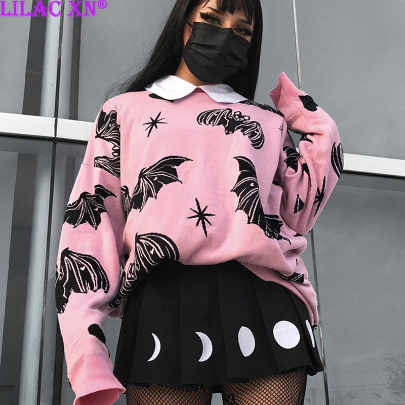Kawaii Pink Goth Bat Print Sweater