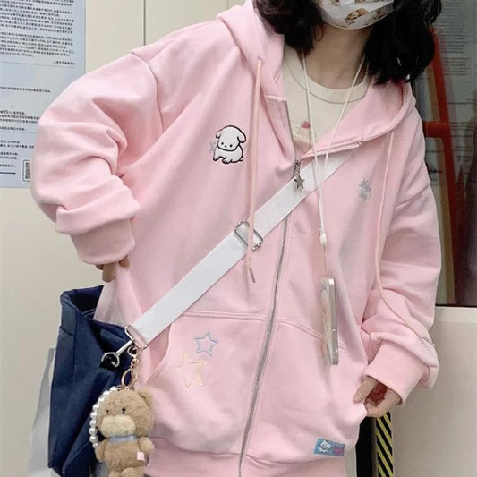 Kawaii Fleece Zip Up Hoodie in Pink
