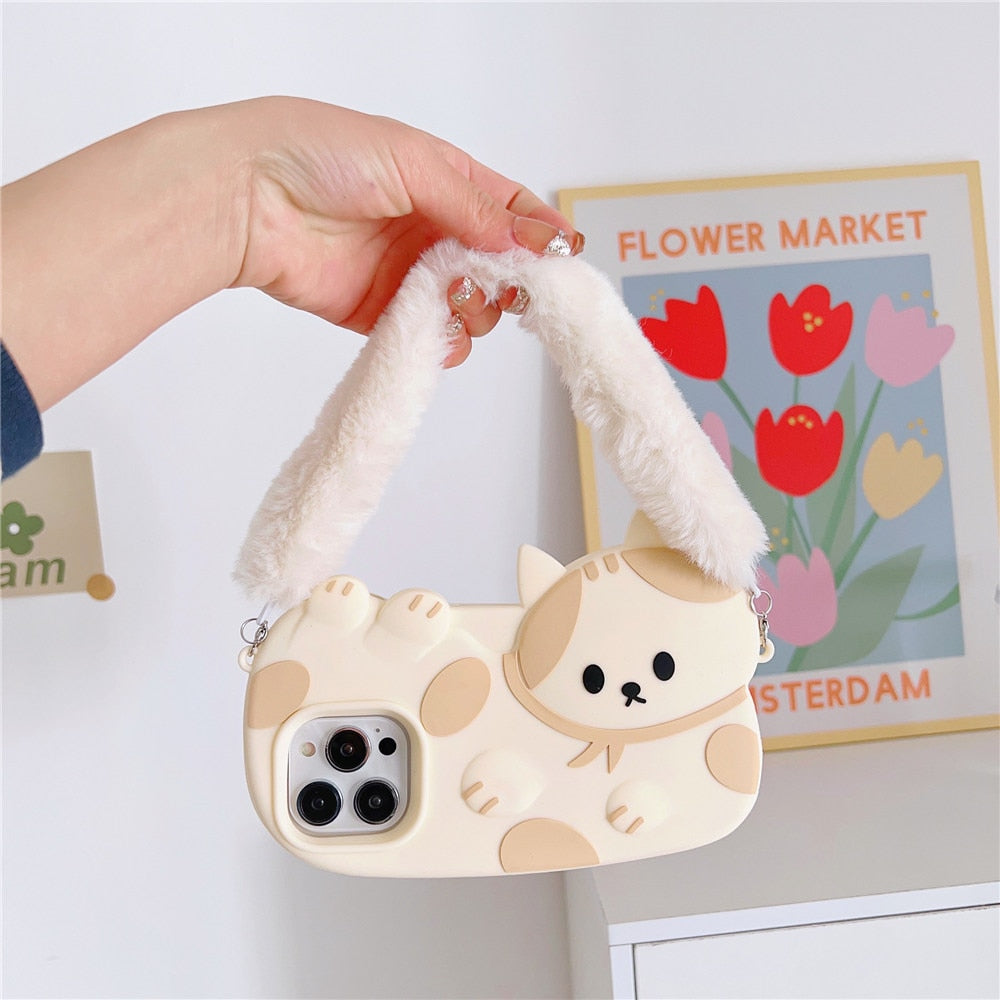 Kawaii Cat iPhone Case With Fluffy Strap