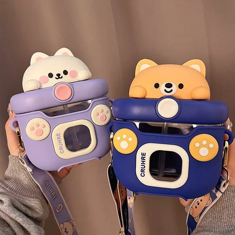 Model Holding Kawaii Bunny and Bear Water Bottles