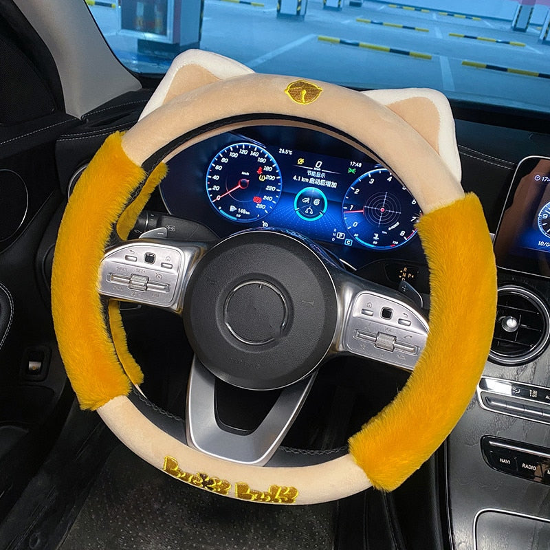 Kawaii Yellow Plush Cat Steering Wheel Cover