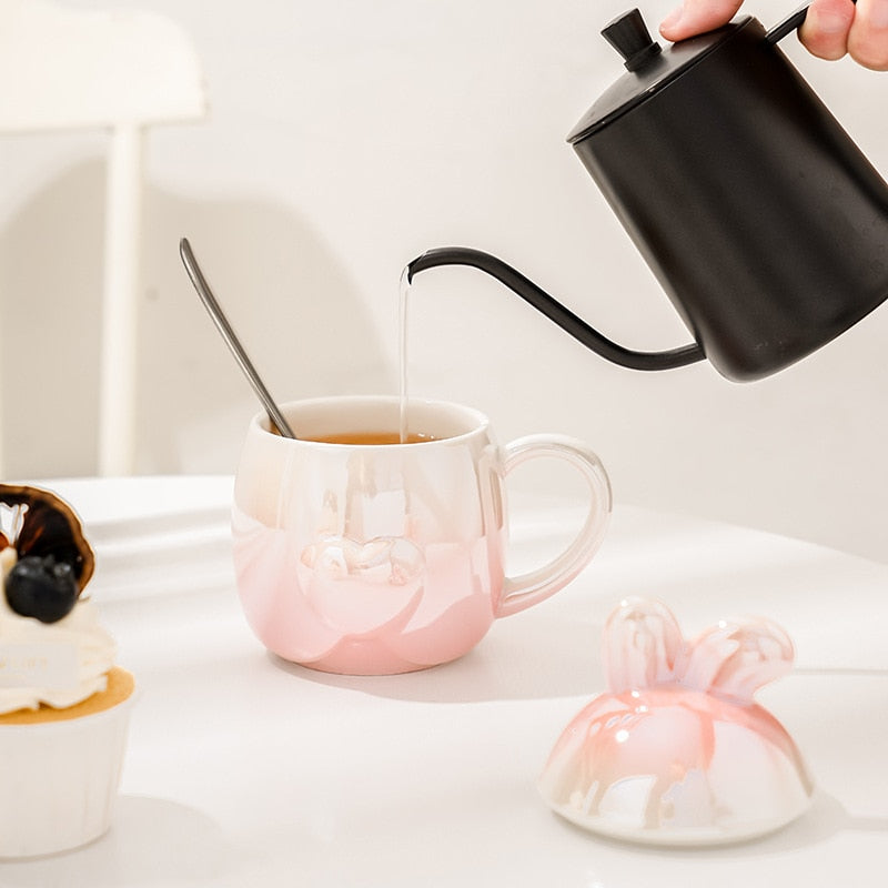Water Being Poured Into Kawaii Pink Shiny Bunny Ceramic Mug