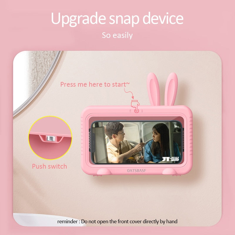 Kawaii Pink Waterproof Bathroom Phone Case With Bunny Ears Mounted