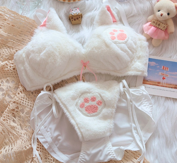 Kawaii White Cat Paw Plush Bra