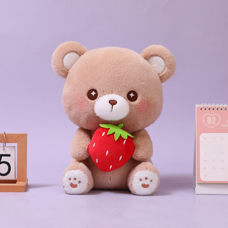 Kawaii Bear Plushie Holding a Strawberry
