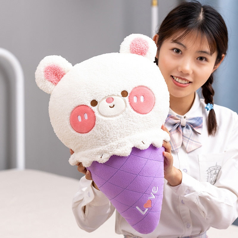 Girl Holding Kawaii White Ice Cream Bear Plushie