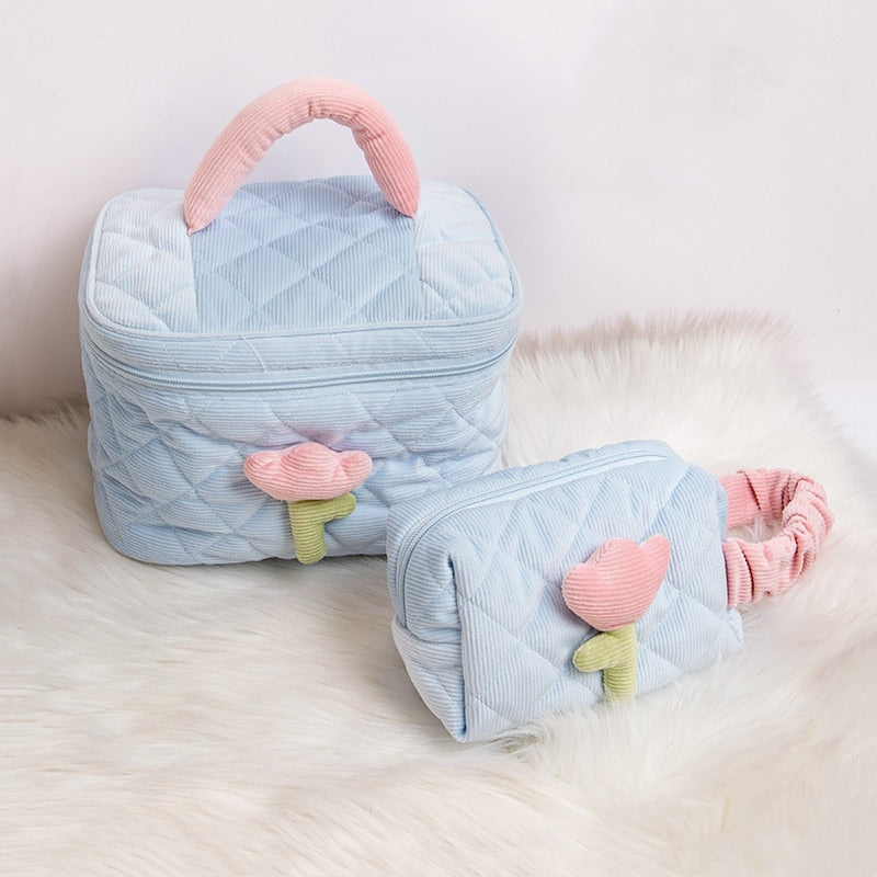 Kawaii Blue and Pink Flower Makeup Bags