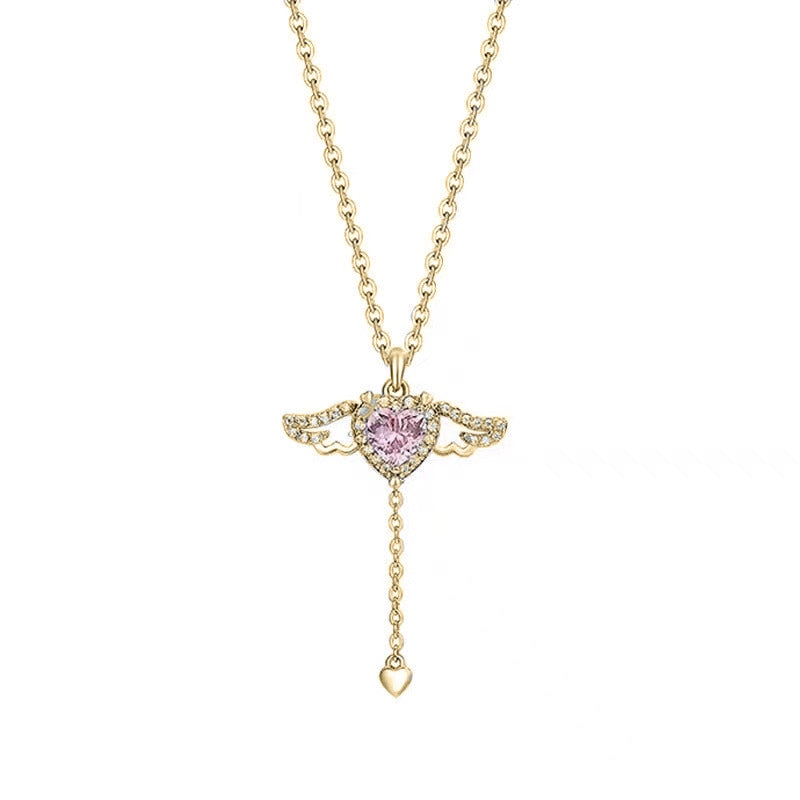 Kawaii Gold Tone Pink Crystal Heart Angel Wings Pendant Necklace