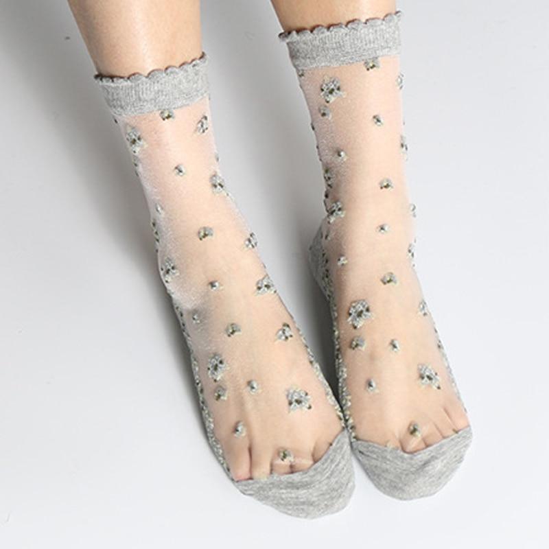 Kawaii Grey Silk Flower Print Transparent Socks