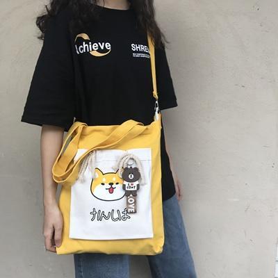 Model Wearing Our Kawaii Canvas Shiba Inu Tote