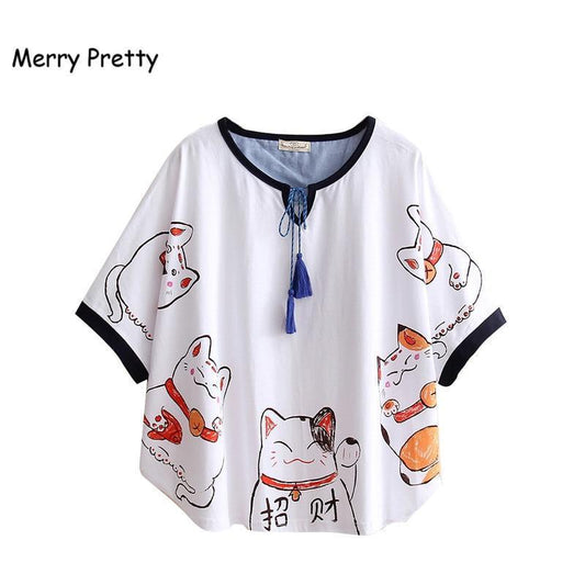Kawaii White Maneki Neko Shirt