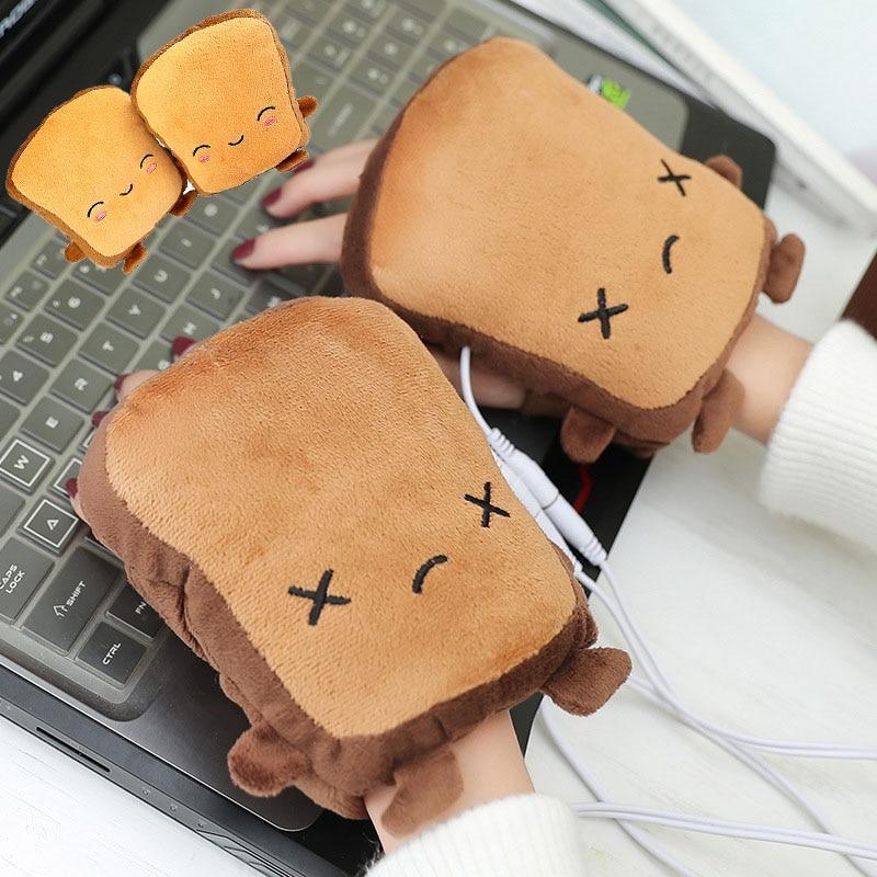 1 Pair Unisex Toast Pattern Gloves Crying Face Hand Warmers Cartoon Half Wearable Fingerless USB Heating Gloves