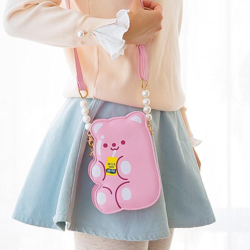 Model Wearing Pink Gummy Bear Purse