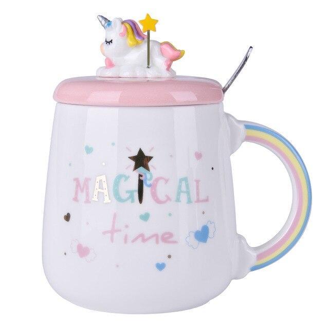 Kawaii Unicorn Mug with Lid and Spoon That Says "Magical Time"