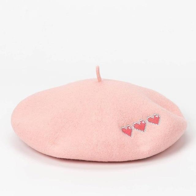 Kawaii Pink Wool Hearts Beret