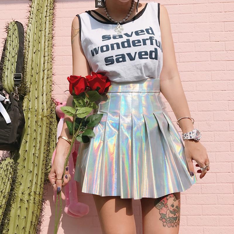 Model Wearing Kawaii Holographic Pleated Skirt