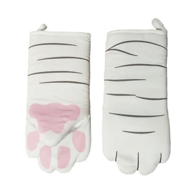 White With Stripes Kawaii Cat Paw Oven Mitts