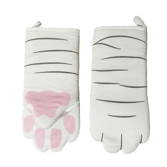 White With Stripes Kawaii Cat Paw Oven Mitts