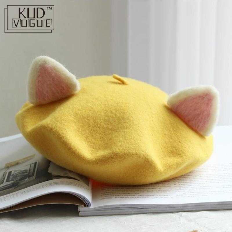 Kawaii Cat Ears Beret in Yellow