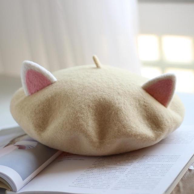 Kawaii Cat Ears Beret in Tan