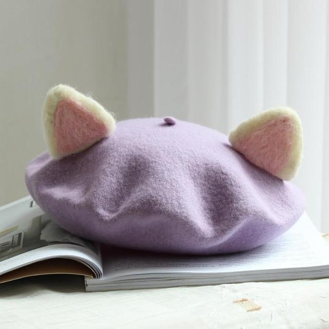 Kawaii Cat Ears Beret in Pastel Purple