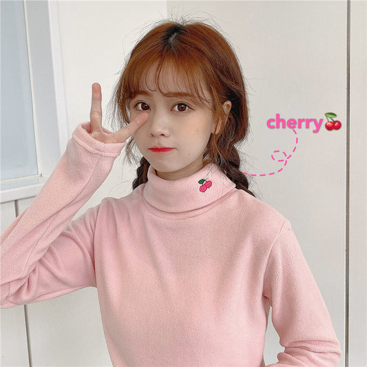 Kawaii Cherry Embroidery Pink Turtleneck