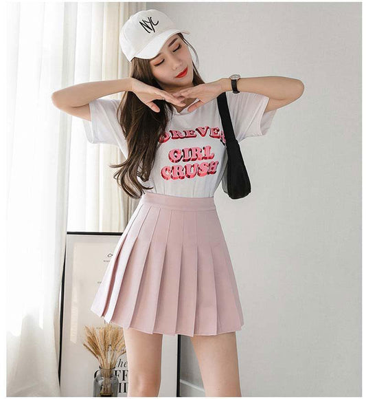 Model Wearing Kawaii Pink High Waist Pleated Skort