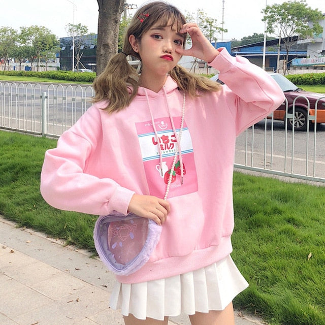 Model Wearing Our Kawaii Pink Strawberry Milk Hoodie