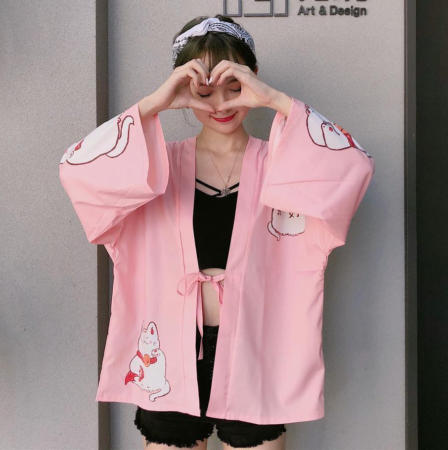 Model Wearing Kawaii Maneki Neko Kimono