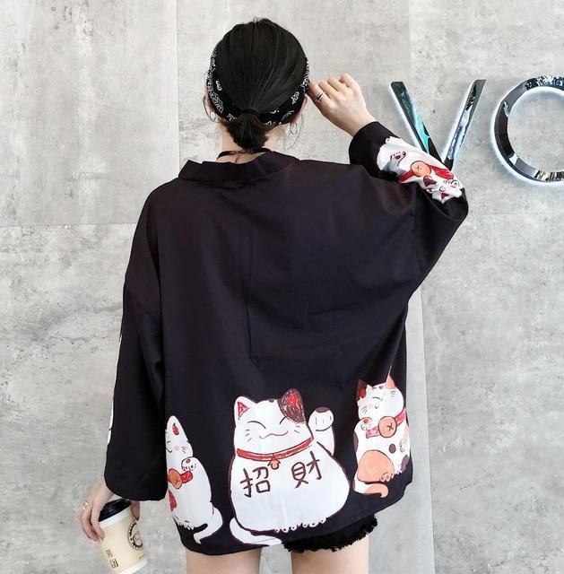 Back View of Model Wearing a Black Maneki Neko Kimono