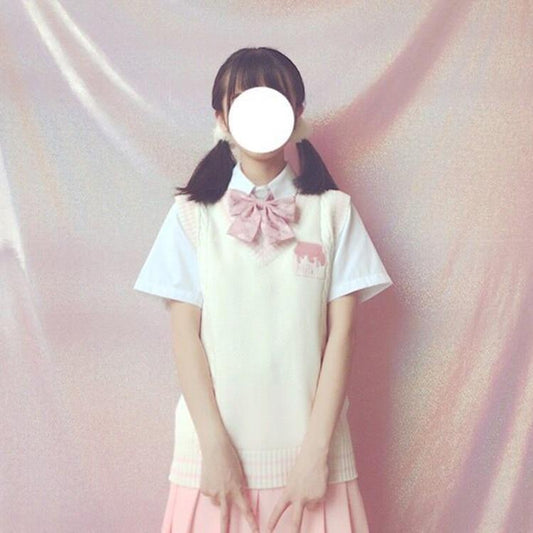 Model Wearing Our Kawaii Strawberry Milk Embroidered Vest