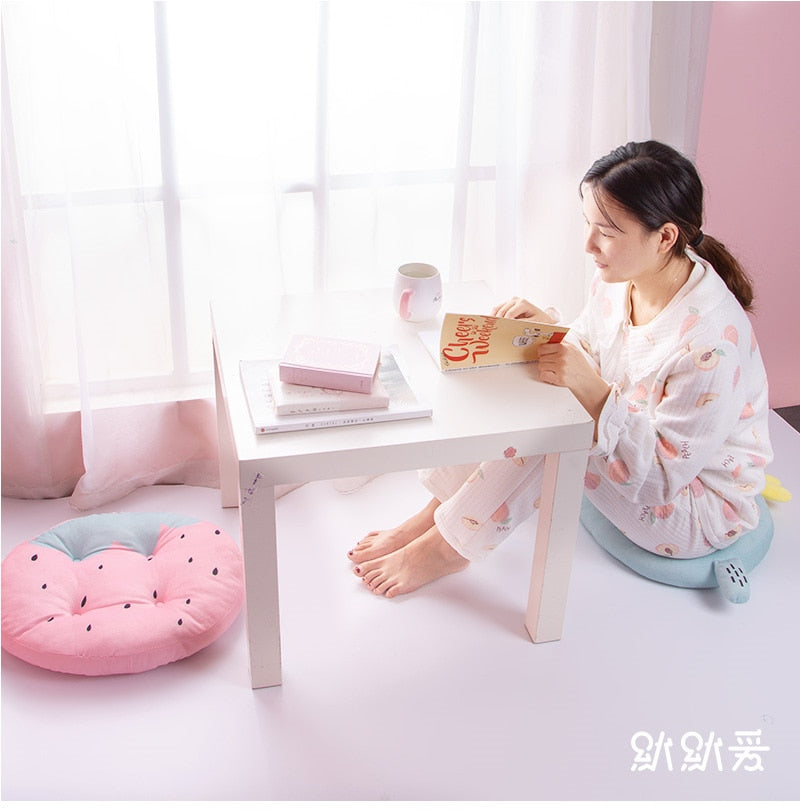 Model Sitting on Kawaii Fruit Chair Cushion