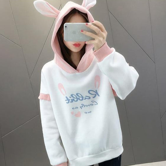 Model Wearing Our Kawaii Pink adn White Rabbit Hoodie