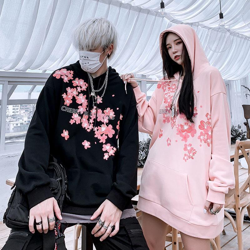 Kawaii Cherry Blossom Hoodies in Black and Pink