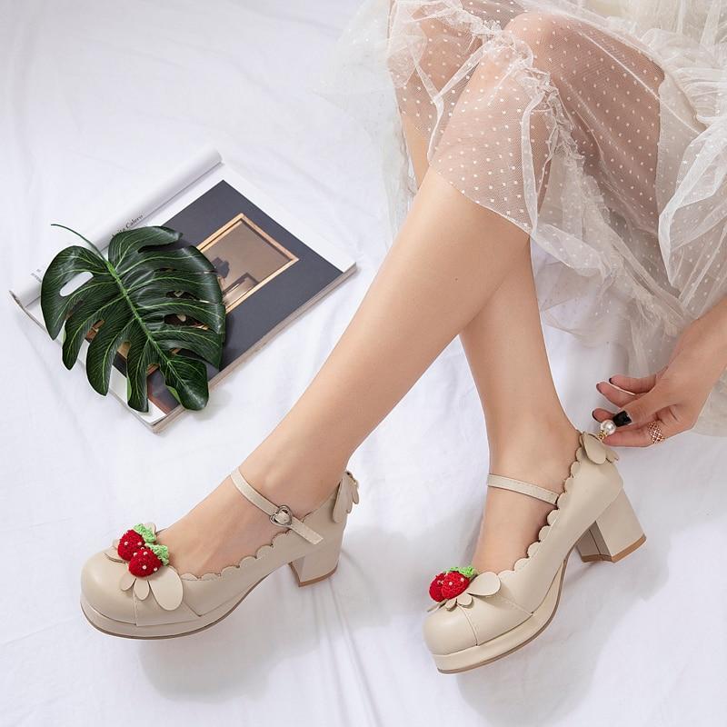 Model Wearing Our Kawaii Tan Princess Lolita Strawberry Mary Jane Shoes