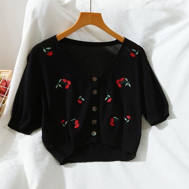 Kawaii Black Floral Knitted Crop Cardigan