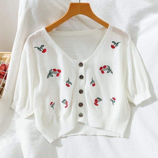 Kawaii White Floral Knitted Crop Cardigan