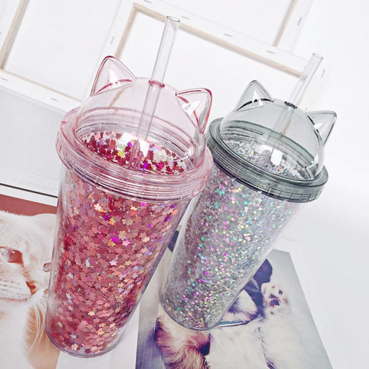 Pink and Black Kawaii Cat Drink Cups