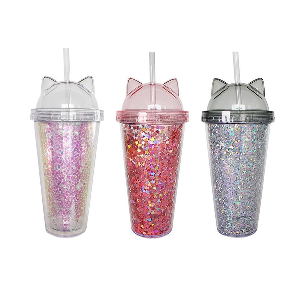 Clear, Pink, and Black Cat Drink Cups