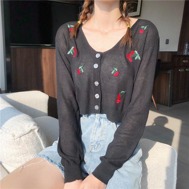 Model Wearing Kawaii Black Floral Knitted Crop Cardigan