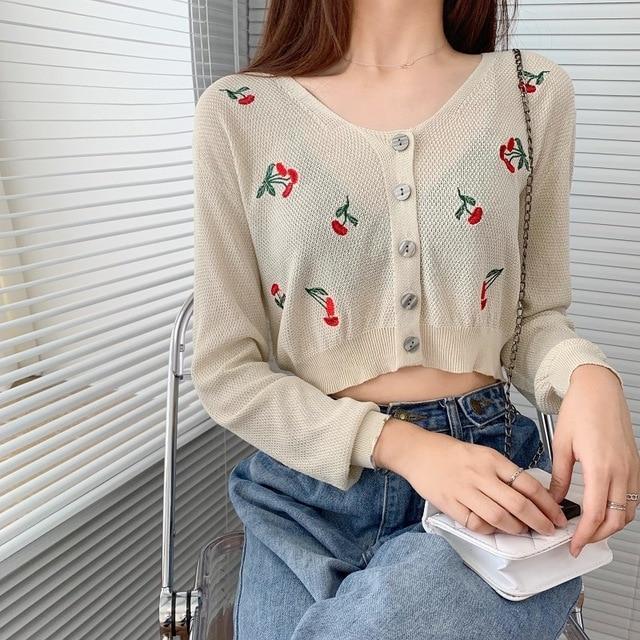 Model Wearing Kawaii Tan Floral Knitted Crop Cardigan