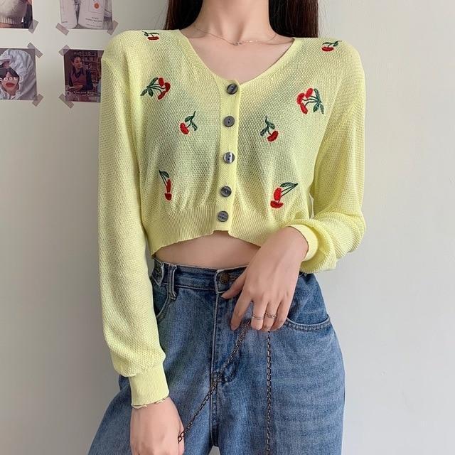 Kawaii Yellow Floral Knitted Crop Cardigan