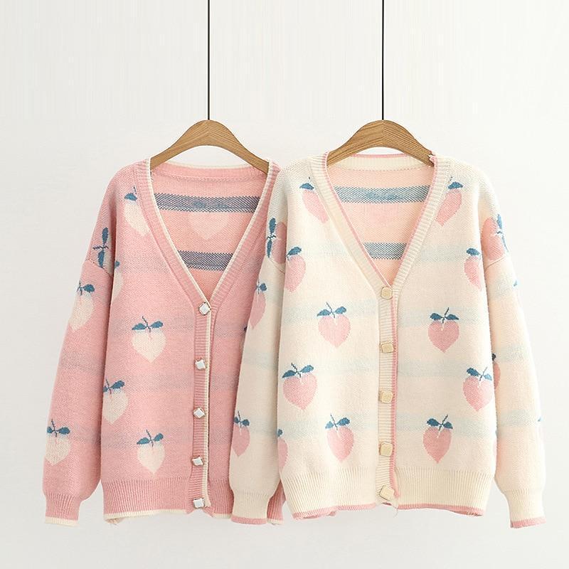 Kawaii Peach Print Cardigans in Pink and Khaki