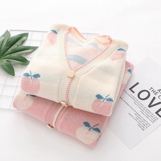 Kawaii Peach Print Cardigan in Khaki and Pink