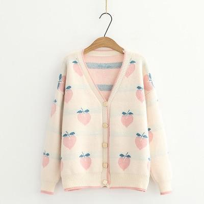 Kawaii Peach Print Cardigan in Khaki