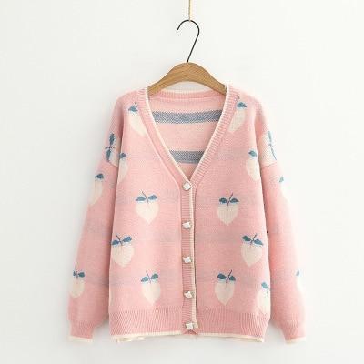 Kawaii Peach Print Cardigan in Pink